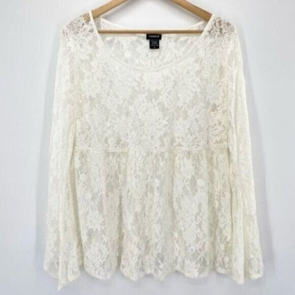 Torrid Ivory Sheer Lace Long Bell Sleeve Blouse Top